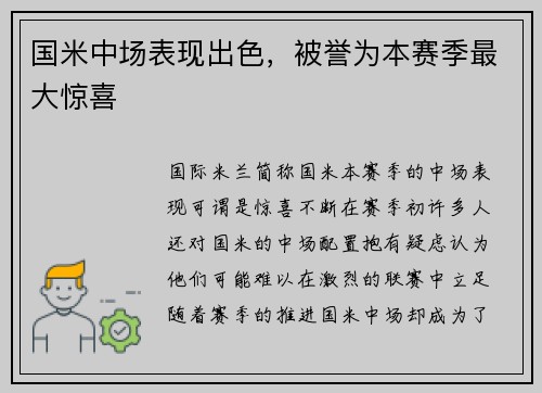 国米中场表现出色，被誉为本赛季最大惊喜